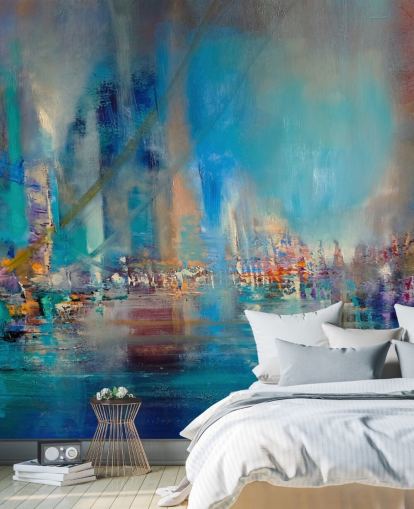 Blå abstrakt maleri af en flod med reflekterende lys Blå abstrakt maleri af en flod med reflekterende lys