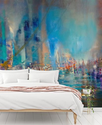 Pittura astratta blu di un fiume con luci riflettenti