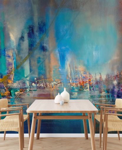 Peinture abstraite bleue représentant une rivière avec des lumières réfléchissantes