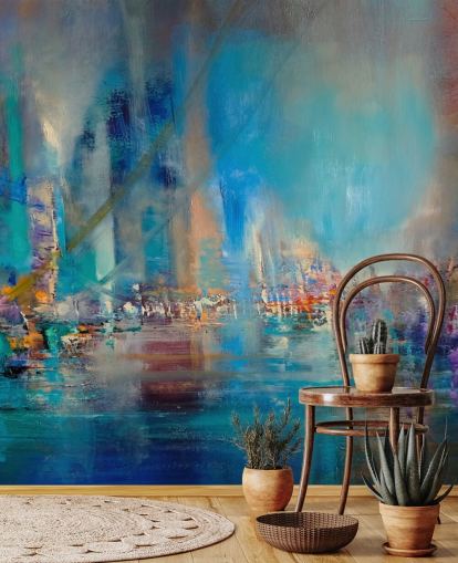 Pintura abstrata azul de um rio com luzes refletoras