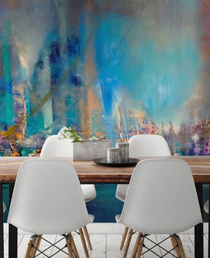 Peinture abstraite bleue représentant une rivière avec des lumières réfléchissantes