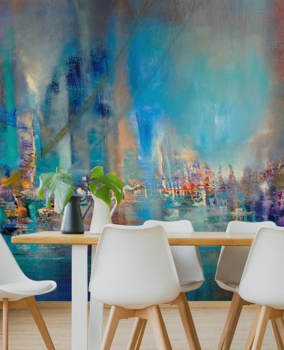 Blue abstract painting of a river with reflecting lights