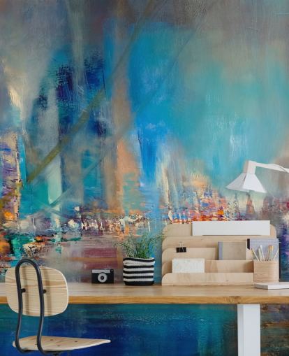 Blaues abstraktes Gemälde eines Flusses mit reflektierenden Lichtern