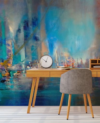 Peinture abstraite bleue représentant une rivière avec des lumières réfléchissantes