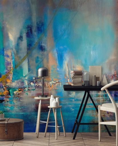 Blue abstract painting of a river with reflecting lights