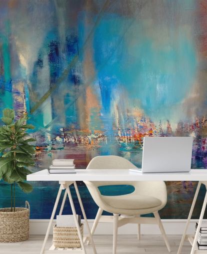 Pittura astratta blu di un fiume con luci riflettenti