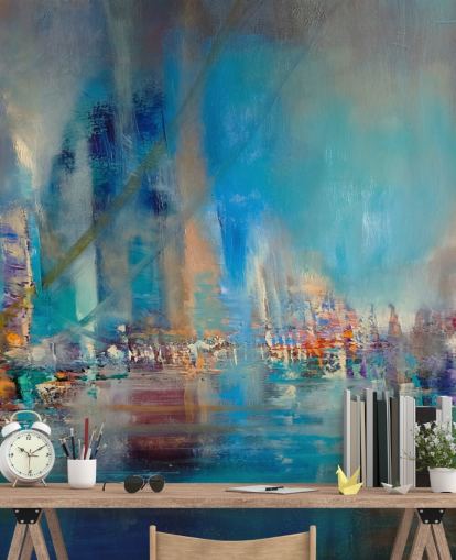 Blue abstract painting of a river with reflecting lights