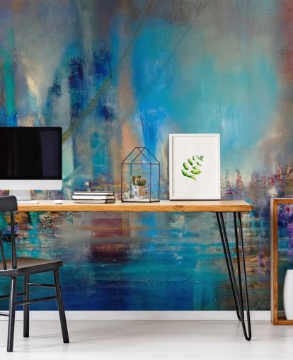 Blauw abstract schilderij van een rivier met reflecterende lichten