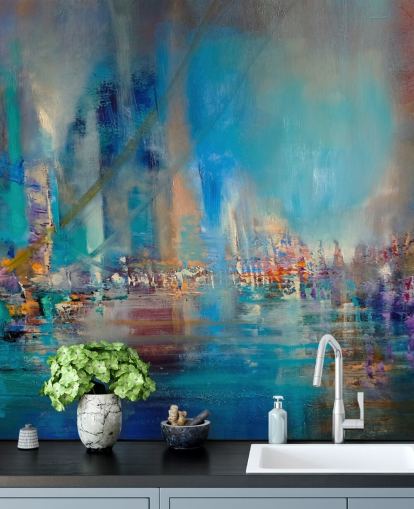 Blauw abstract schilderij van een rivier met reflecterende lichten