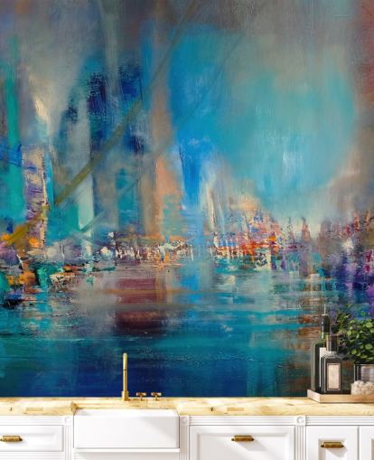 Blauw abstract schilderij van een rivier met reflecterende lichten