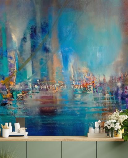 Pittura astratta blu di un fiume con luci riflettenti Pittura astratta blu di un fiume con luci riflettenti