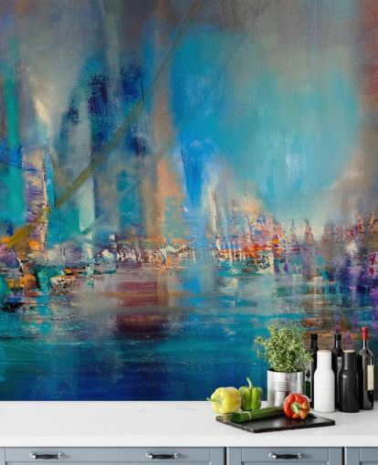 Pittura astratta blu di un fiume con luci riflettenti