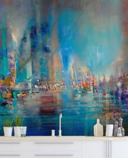 Blå abstrakt målning av en flod med reflekterande ljus Blå abstrakt målning av en flod med reflekterande ljus