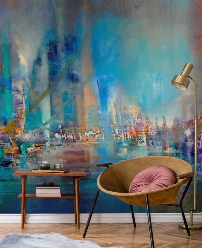 Blauw abstract schilderij van een rivier met reflecterende lichten