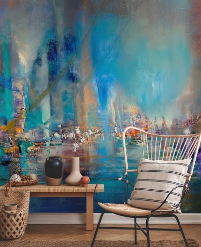 Pittura astratta blu di un fiume con luci riflettenti