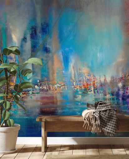 Pintura abstrata azul de um rio com luzes refletoras