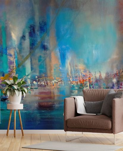 Pittura astratta blu di un fiume con luci riflettenti