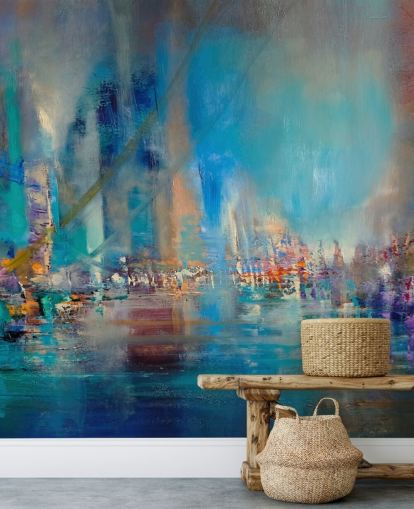 Blue abstract painting of a river with reflecting lights