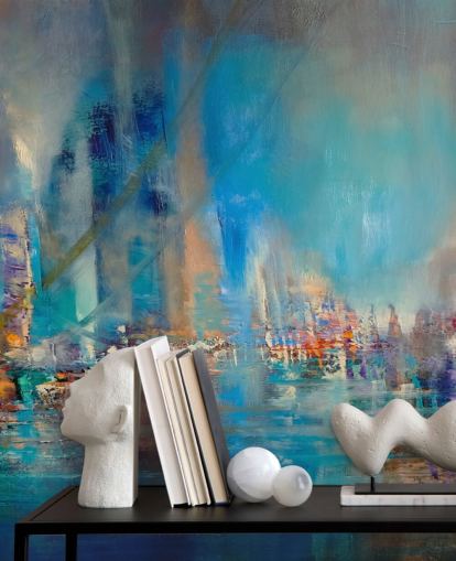 Blue abstract painting of a river with reflecting lights