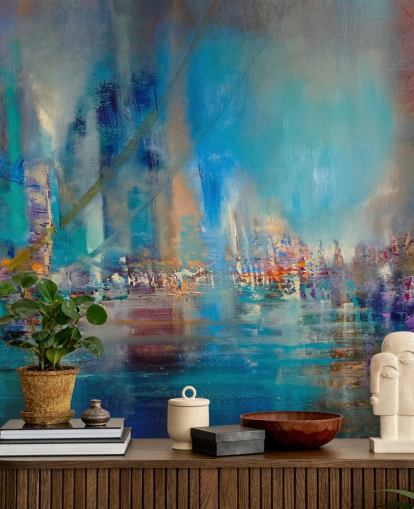 Peinture abstraite bleue représentant une rivière avec des lumières réfléchissantes