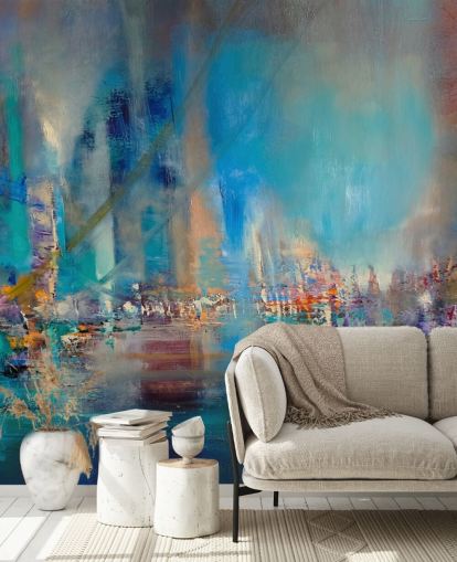 Pittura astratta blu di un fiume con luci riflettenti