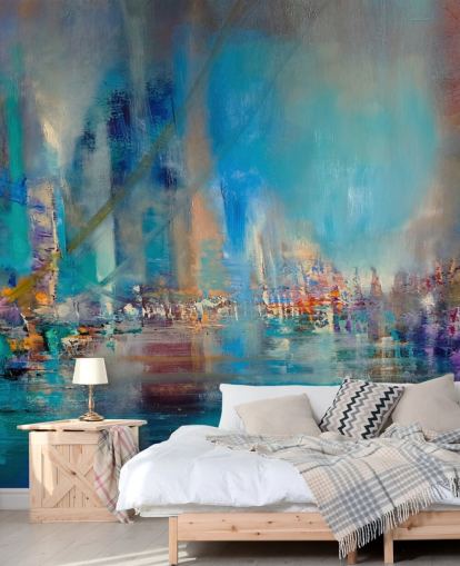 Blauw abstract schilderij van een rivier met reflecterende lichten