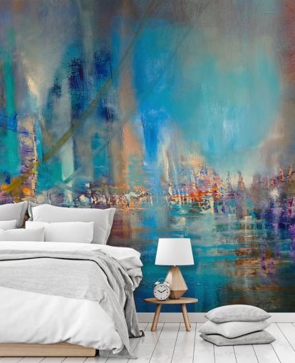 Blauw abstract schilderij van een rivier met reflecterende lichten