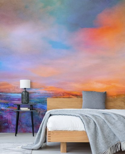 Abstrakte Malerei einer Landschaft mit abendlichen Farben von Blau und Violett