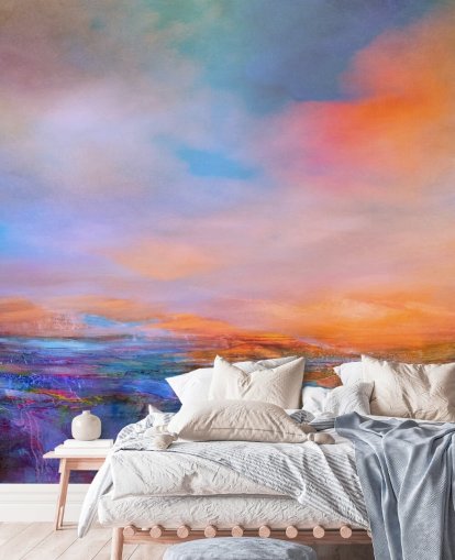 Dipinto astratto di un paesaggio con colori serali di blu e viola