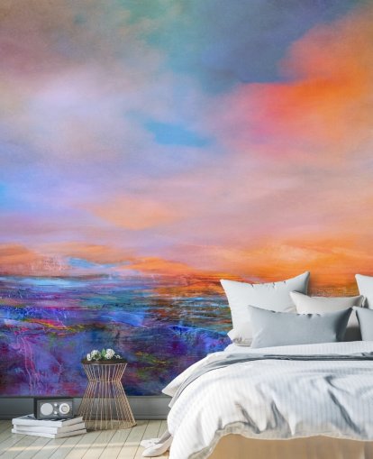 Abstract painting of a landsape with evening colours of blues and purples