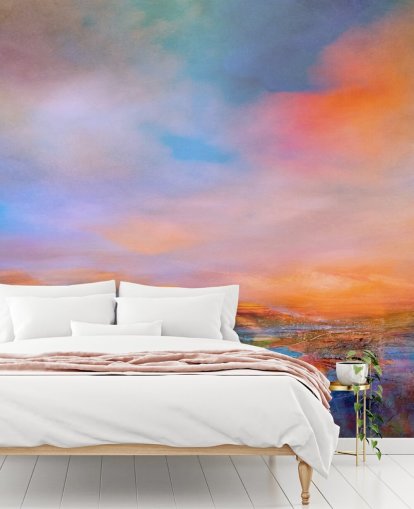 Abstract painting of a landsape with evening colours of blues and purples