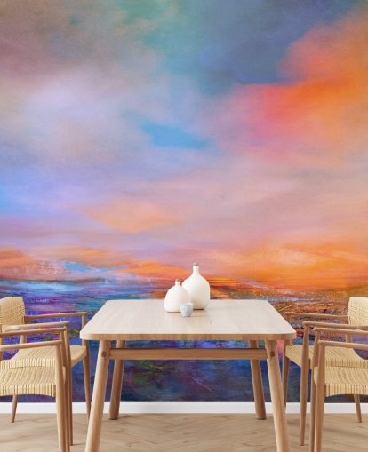 Abstract painting of a landsape with evening colours of blues and purples