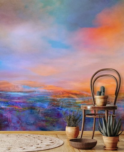 Peinture abstraite d'un paysage aux couleurs du soir de bleus et de violets
