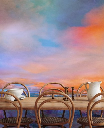 Peinture abstraite d'un paysage aux couleurs du soir de bleus et de violets