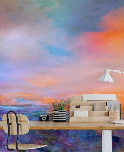 Pintura abstrata de uma paisagem com cores noturnas de azuis e roxos