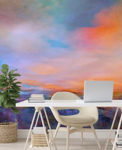 Abstract painting of a landsape with evening colours of blues and purples