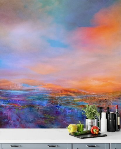 Abstract schilderij van een landschap met avondkleuren van blauw en paars Abstract schilderij van een landschap met avondkleuren van blauw en paars