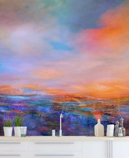 Pintura abstrata de uma paisagem com cores noturnas de azuis e roxos