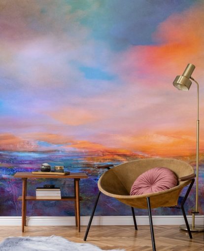 Abstract schilderij van een landschap met avondkleuren van blauw en paars