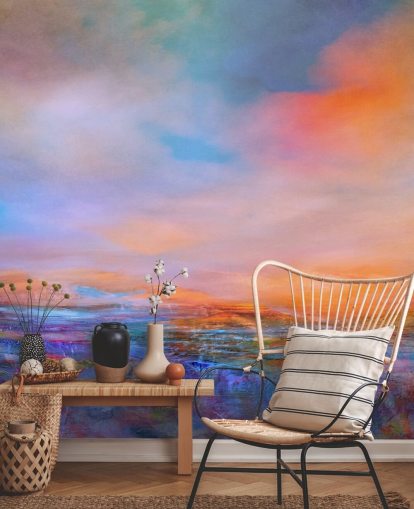 Abstrakt målning av en landsape med kvällsfärger av blues och lila