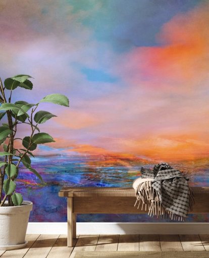 Abstract painting of a landsape with evening colours of blues and purples