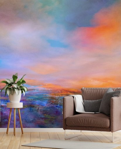 Abstract painting of a landsape with evening colours of blues and purples