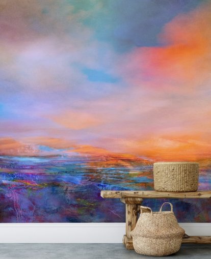 Abstract painting of a landsape with evening colours of blues and purples