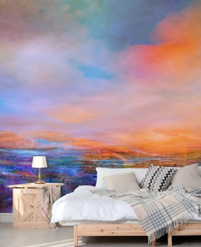 Abstract painting of a landsape with evening colors of blues and purples