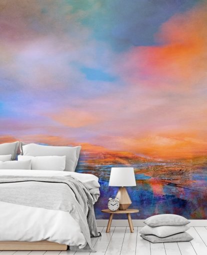 Peinture abstraite d'un paysage aux couleurs du soir de bleus et de violets