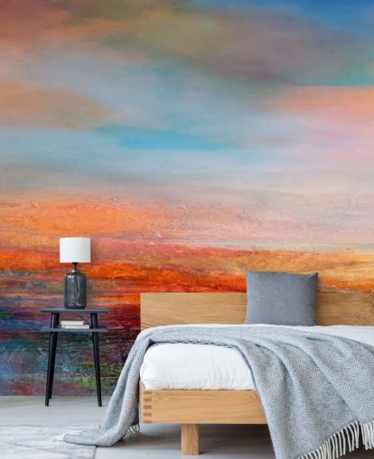 Värikäs abstrakti maalaus auringonlaskusta punaisia, bluesia ja keltaisia