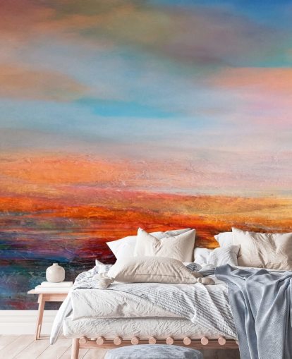 Pittura astratta colorata di un tramonto con rossi, blu e gialli