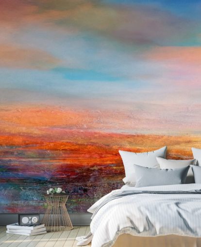 Pintura abstrata colorida de um pôr do sol com vermelhos, azuis e amarelos