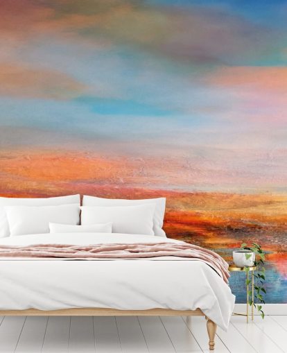 Farbenfrohes abstraktes Gemälde eines Sonnenuntergangs mit Rot-, Blau- und Gelbtönen