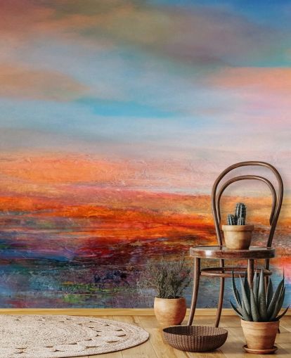 Pintura abstrata colorida de um pôr do sol com vermelhos, azuis e amarelos